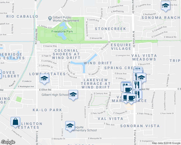 map of restaurants, bars, coffee shops, grocery stores, and more near 1231 East Tradewind Drive in Gilbert