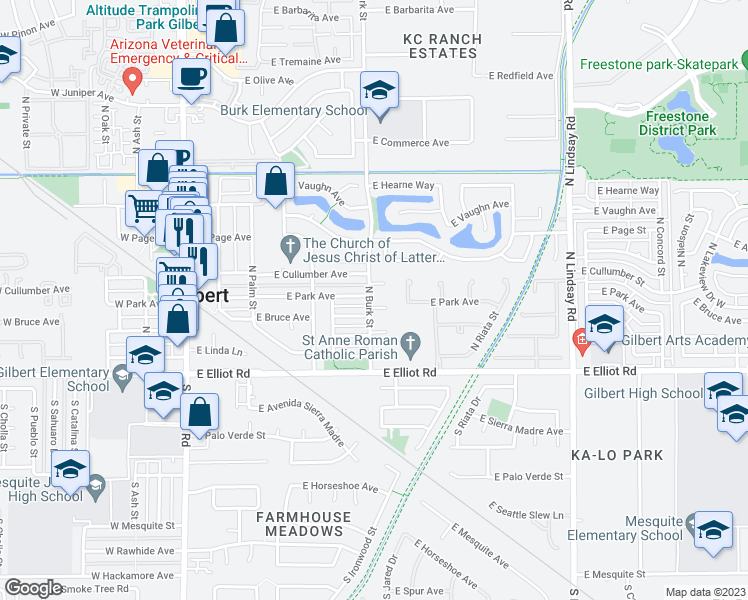 map of restaurants, bars, coffee shops, grocery stores, and more near 406 East Bruce Avenue in Gilbert