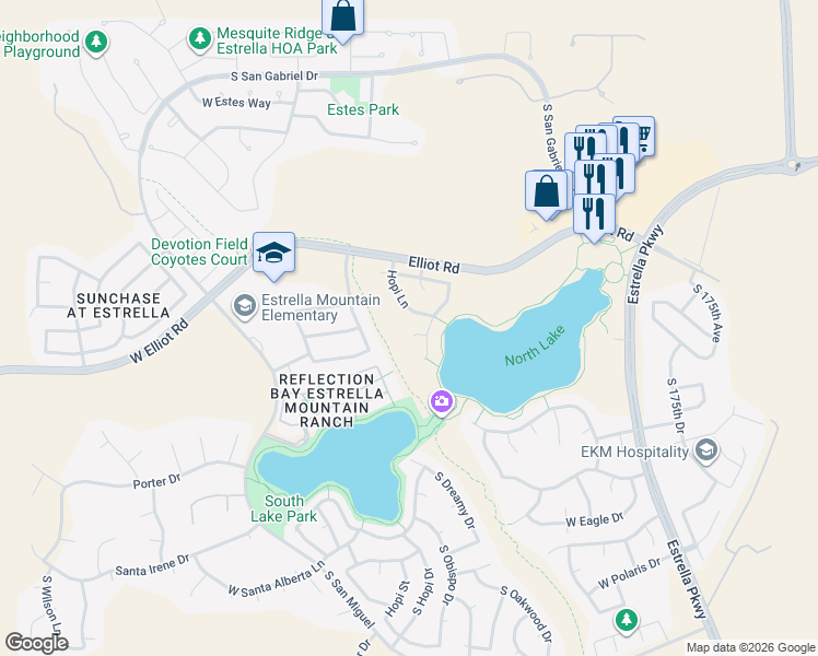 map of restaurants, bars, coffee shops, grocery stores, and more near 18024 West Canyon Court in Goodyear