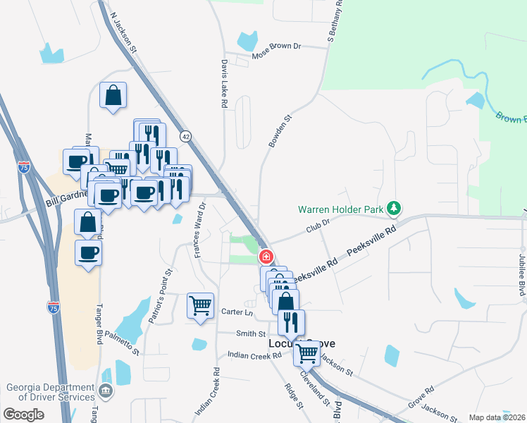 map of restaurants, bars, coffee shops, grocery stores, and more near 38 Bowden Street in Locust Grove