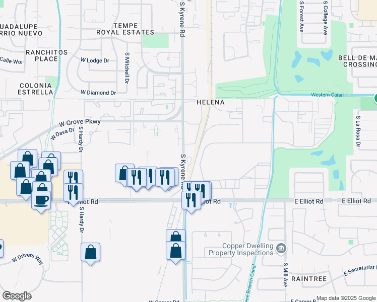 map of restaurants, bars, coffee shops, grocery stores, and more near 7305 South Kyrene Road in Tempe