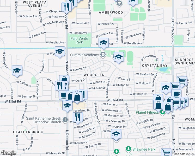 map of restaurants, bars, coffee shops, grocery stores, and more near 1609 West Curry Drive in Chandler