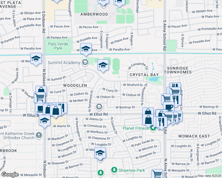 map of restaurants, bars, coffee shops, grocery stores, and more near 1424 West Curry Street in Chandler
