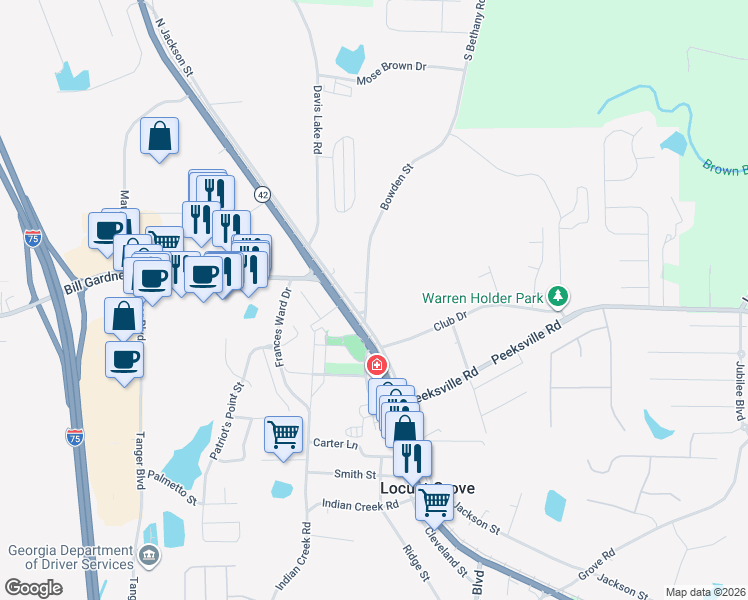map of restaurants, bars, coffee shops, grocery stores, and more near 38 Bowden Street in Locust Grove
