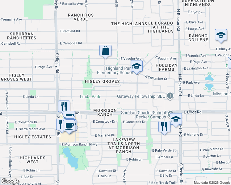 map of restaurants, bars, coffee shops, grocery stores, and more near 3550 East Linda Lane in Gilbert