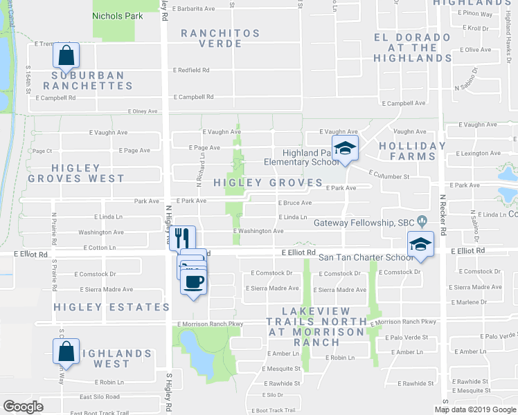 map of restaurants, bars, coffee shops, grocery stores, and more near 3480 East Linda Lane in Gilbert