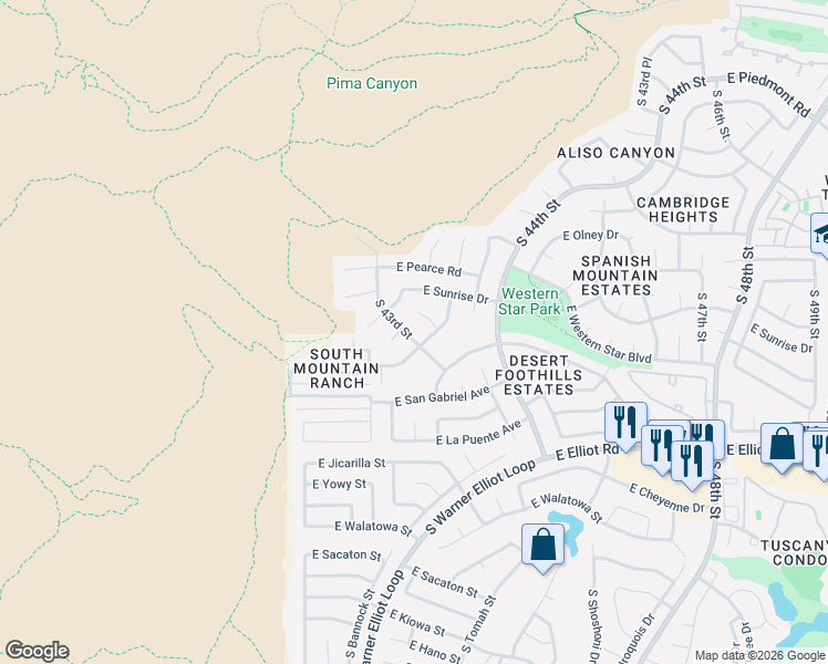 map of restaurants, bars, coffee shops, grocery stores, and more near 4309 East Western Star Boulevard in Phoenix