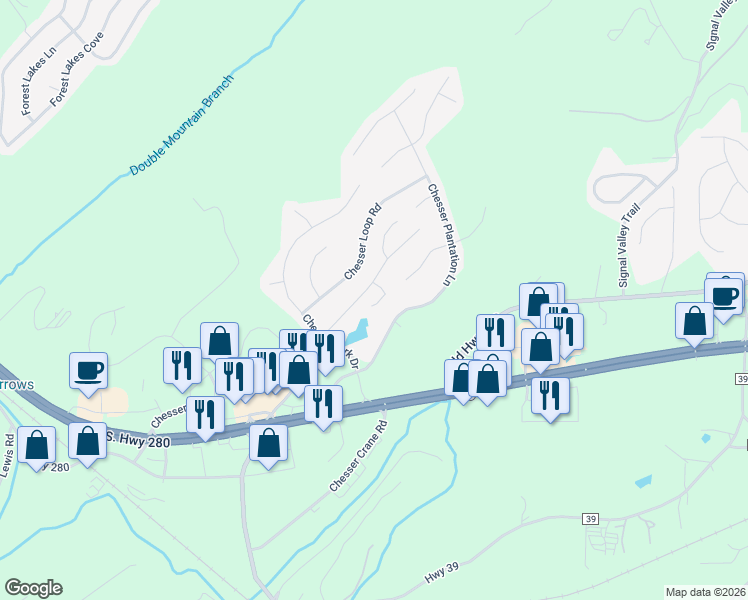 map of restaurants, bars, coffee shops, grocery stores, and more near 542 Chesser Reserve Circle in Chelsea