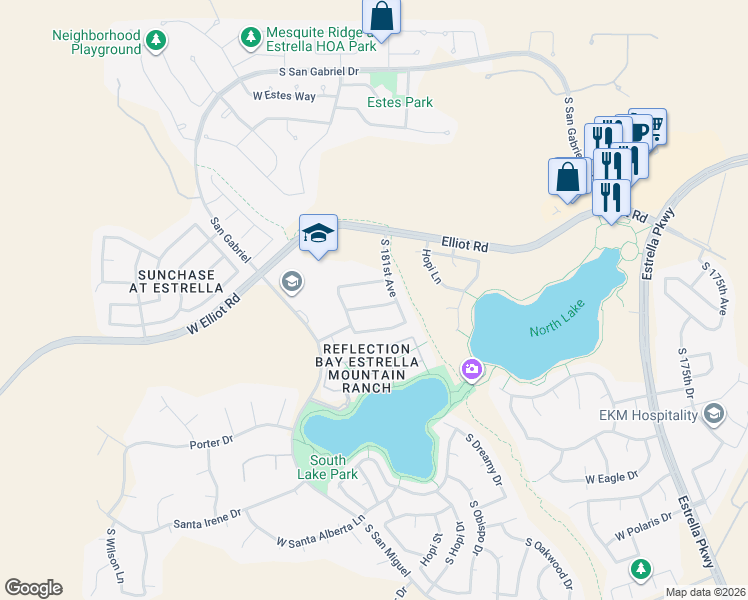 map of restaurants, bars, coffee shops, grocery stores, and more near 18144 West Desert Blossom Drive in Goodyear