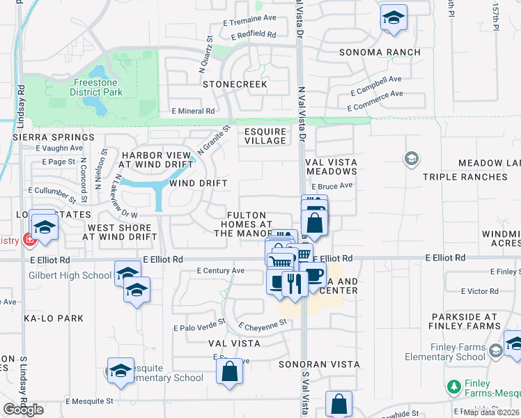 map of restaurants, bars, coffee shops, grocery stores, and more near 1450 East Bruce Avenue in Gilbert