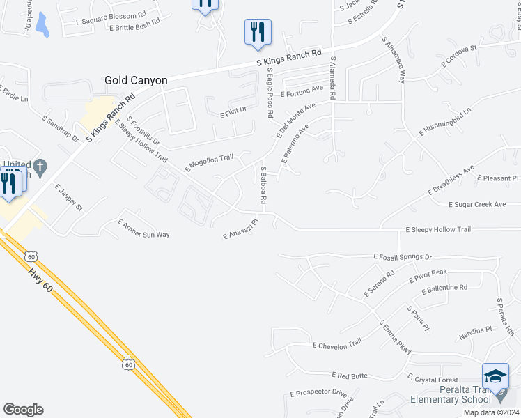 map of restaurants, bars, coffee shops, grocery stores, and more near 9608 East Sleepy Hollow Trail in Gold Canyon