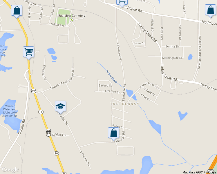 map of restaurants, bars, coffee shops, grocery stores, and more near 94 East Wood Street in Newnan