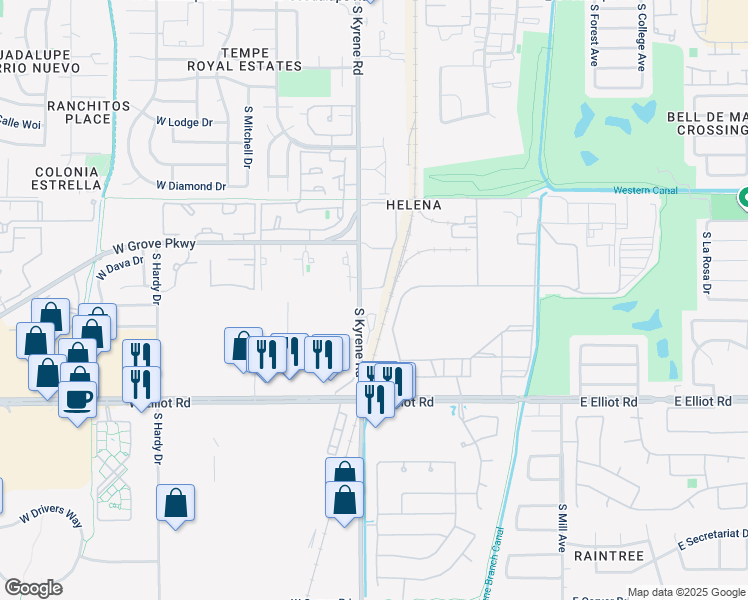 map of restaurants, bars, coffee shops, grocery stores, and more near 7305 S Kyrene Rd in Tempe