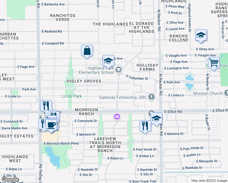 map of restaurants, bars, coffee shops, grocery stores, and more near 3689 East Bruce Avenue in Gilbert