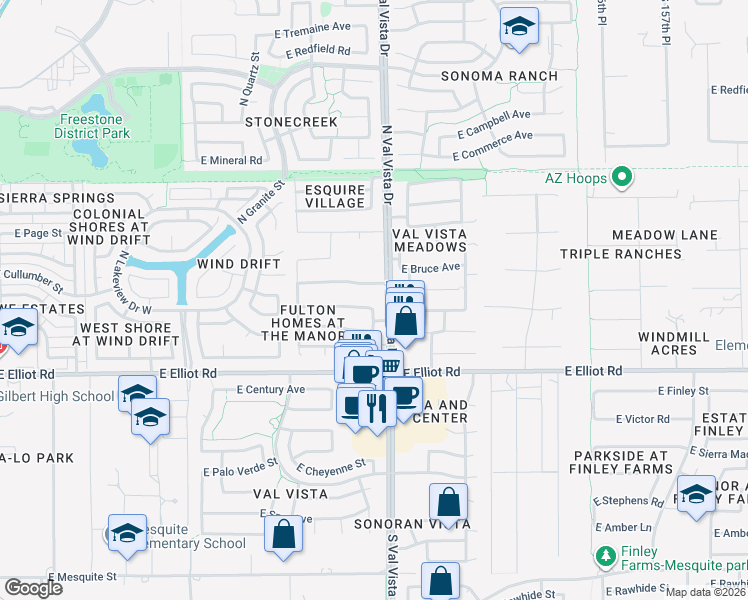 map of restaurants, bars, coffee shops, grocery stores, and more near 119 North Redrock Street in Gilbert