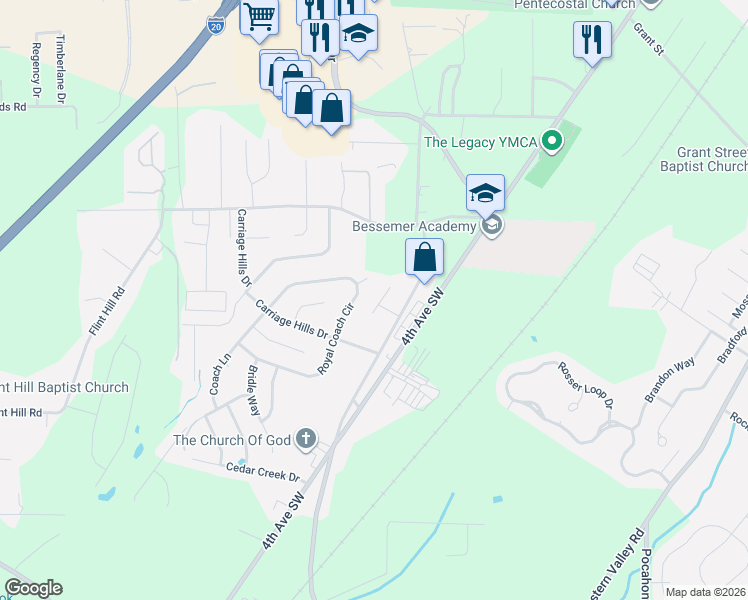 map of restaurants, bars, coffee shops, grocery stores, and more near 5809 Bayleaf Lane in Bessemer