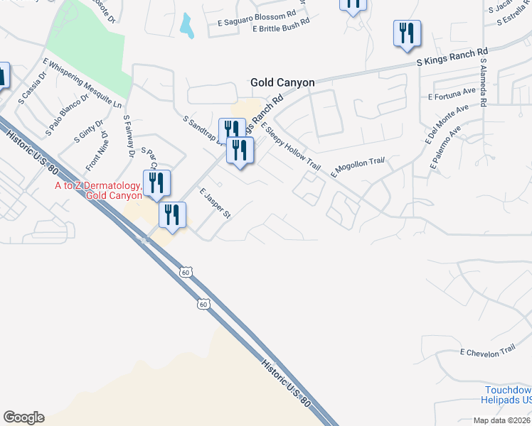 map of restaurants, bars, coffee shops, grocery stores, and more near 6878 South Evening Glow Place in Gold Canyon