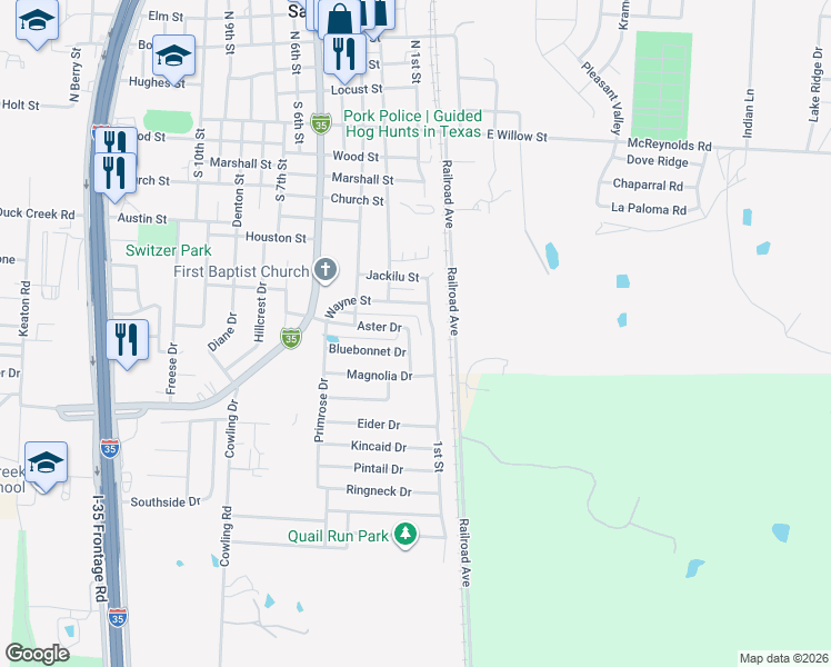 map of restaurants, bars, coffee shops, grocery stores, and more near 189 Aster Dr in Sanger