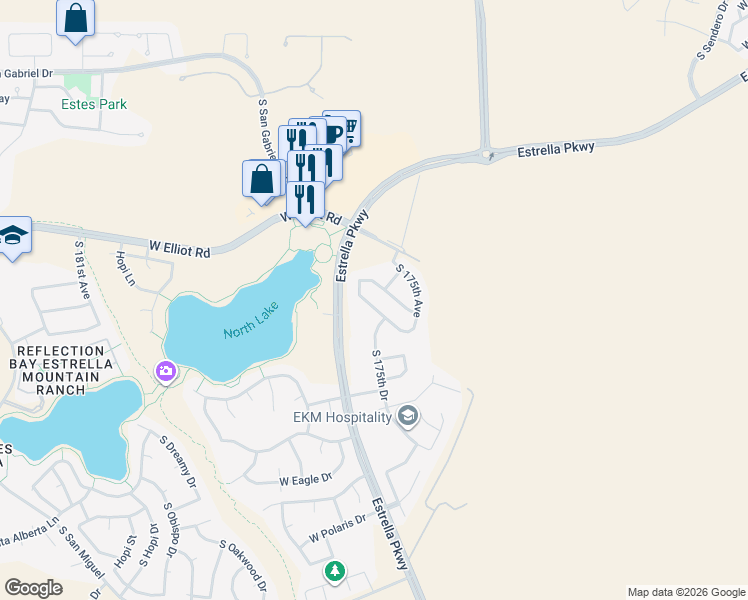 map of restaurants, bars, coffee shops, grocery stores, and more near 17540 West Canyon Lane in Goodyear