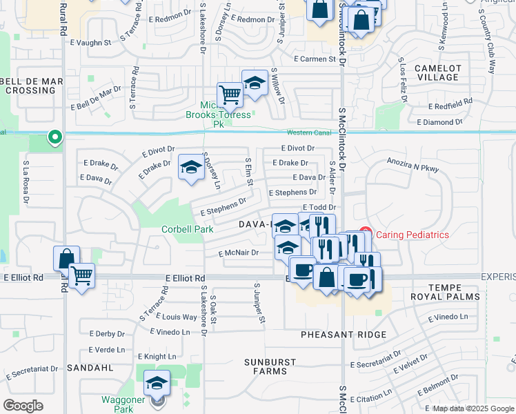 map of restaurants, bars, coffee shops, grocery stores, and more near 1453 East Todd Drive in Tempe