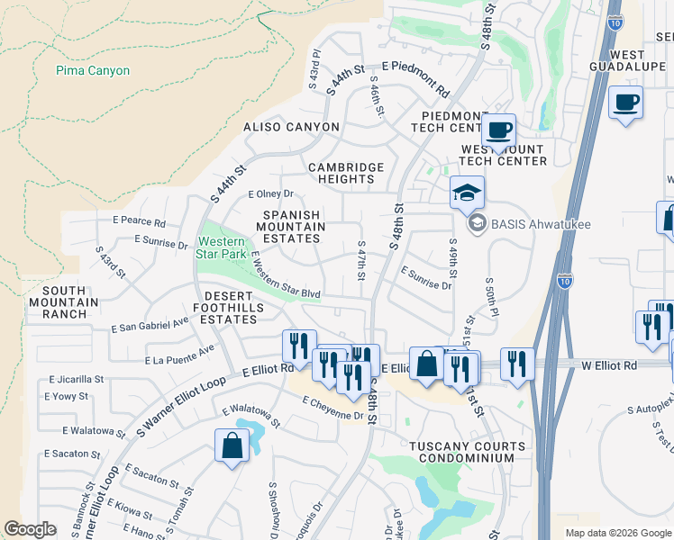 map of restaurants, bars, coffee shops, grocery stores, and more near 10435 South 46th Street in Phoenix