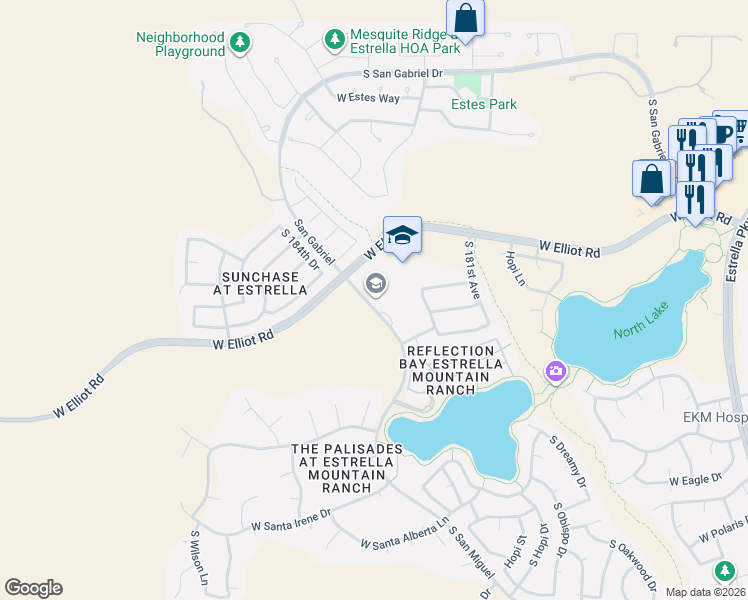 map of restaurants, bars, coffee shops, grocery stores, and more near 10451-10497 South San Miguel in Goodyear