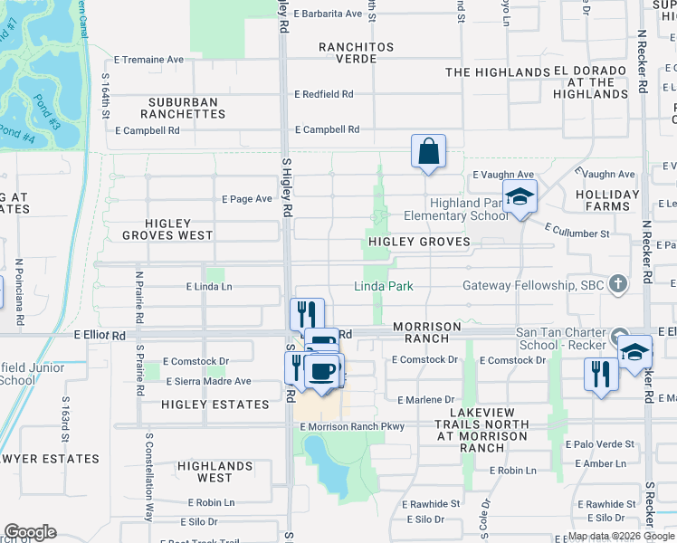 map of restaurants, bars, coffee shops, grocery stores, and more near 3317 East Park Avenue in Gilbert
