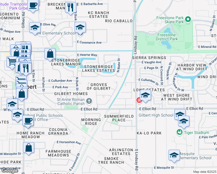 map of restaurants, bars, coffee shops, grocery stores, and more near 619 East Park Avenue in Gilbert