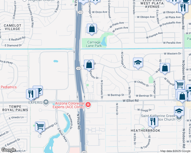 map of restaurants, bars, coffee shops, grocery stores, and more near 3305 North Desoto Street in Chandler