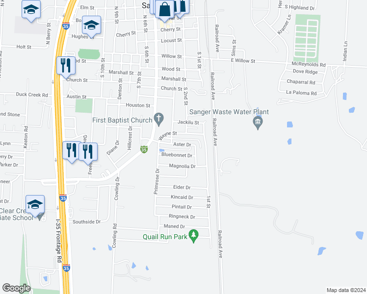 map of restaurants, bars, coffee shops, grocery stores, and more near 204 Aster Drive in Sanger