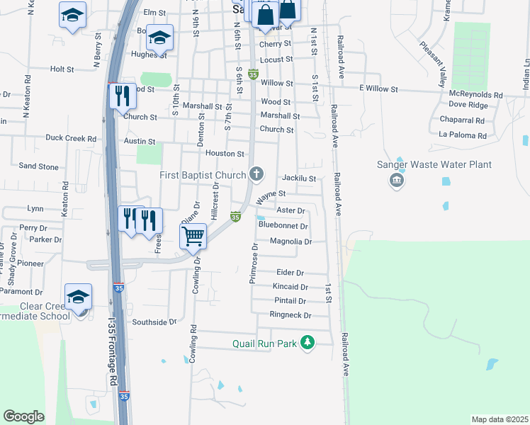 map of restaurants, bars, coffee shops, grocery stores, and more near 306 Aster Drive in Sanger