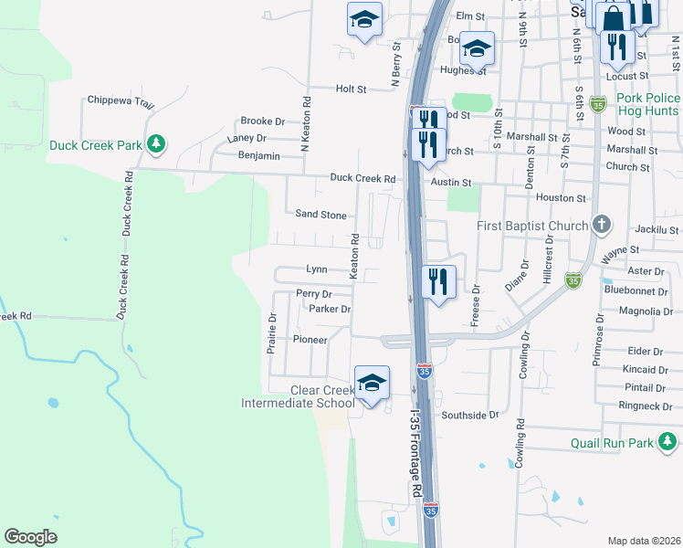 map of restaurants, bars, coffee shops, grocery stores, and more near 105 Lynn in Sanger