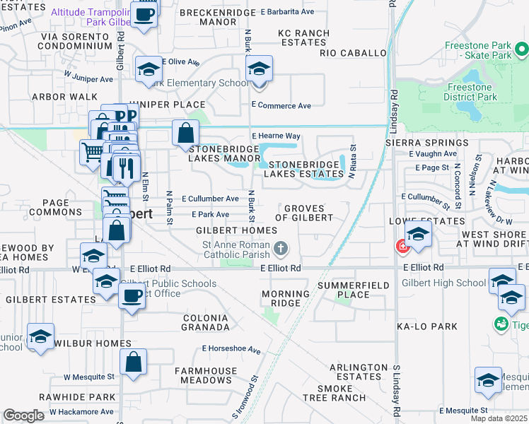 map of restaurants, bars, coffee shops, grocery stores, and more near 406 East Bruce Avenue in Gilbert