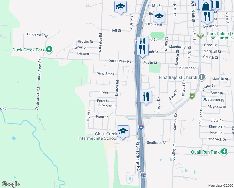 map of restaurants, bars, coffee shops, grocery stores, and more near 1608 Brook Glen Drive in Sanger
