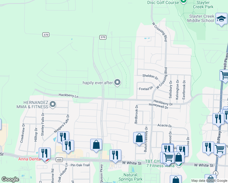 map of restaurants, bars, coffee shops, grocery stores, and more near 100 Hayes Drive in Anna