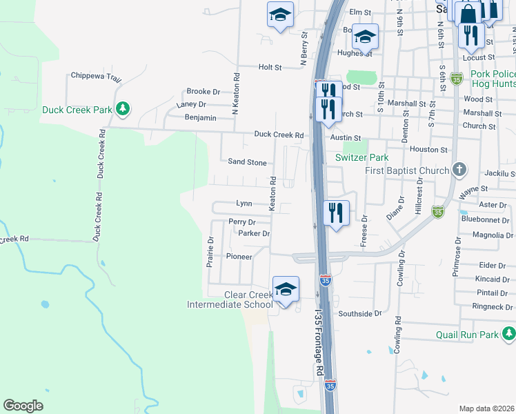 map of restaurants, bars, coffee shops, grocery stores, and more near 109 Lynn in Sanger