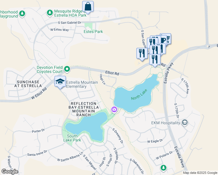 map of restaurants, bars, coffee shops, grocery stores, and more near 18024 West Canyon Court in Goodyear
