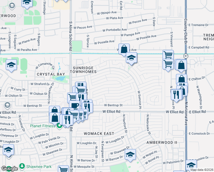 map of restaurants, bars, coffee shops, grocery stores, and more near 701 West Chilton Street in Chandler