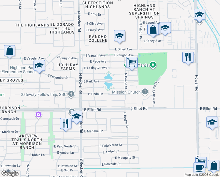 map of restaurants, bars, coffee shops, grocery stores, and more near 4201 East Park Avenue in Gilbert