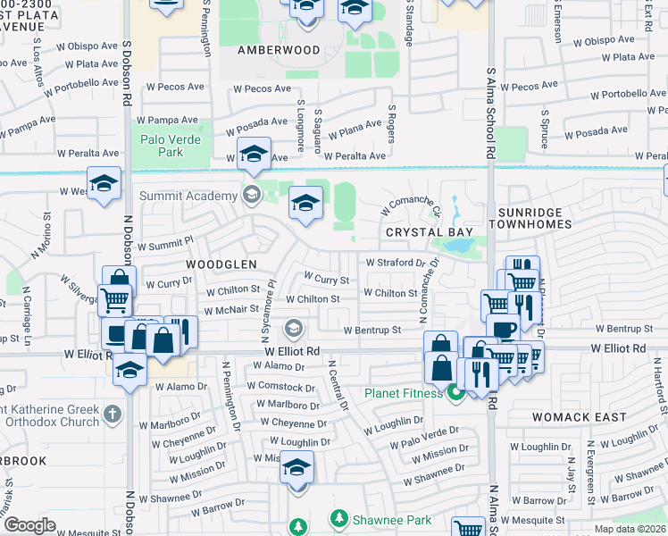 map of restaurants, bars, coffee shops, grocery stores, and more near 1424 West Curry Street in Chandler