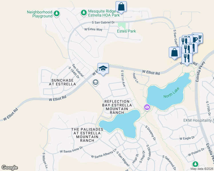 map of restaurants, bars, coffee shops, grocery stores, and more near 10280 South 182nd Drive in Goodyear