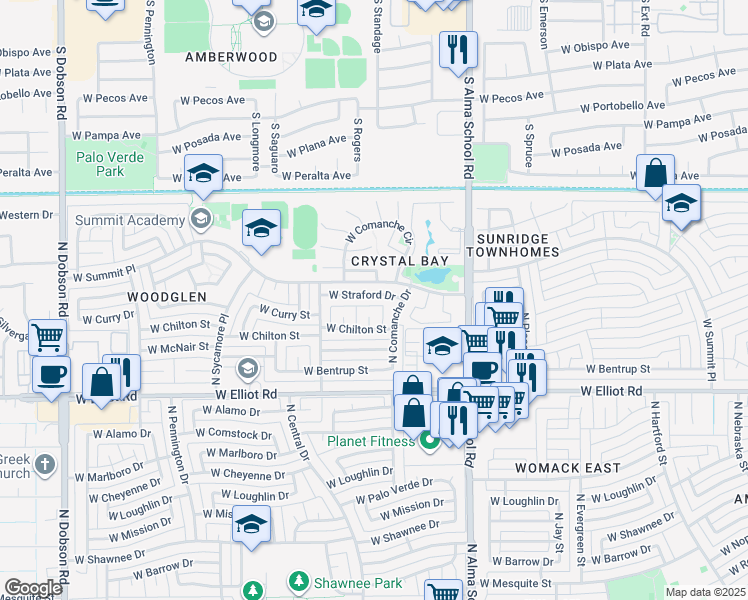 map of restaurants, bars, coffee shops, grocery stores, and more near 3206 North Comanche Drive in Chandler