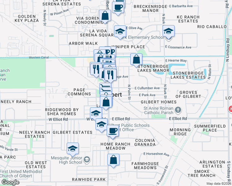 map of restaurants, bars, coffee shops, grocery stores, and more near in Gilbert