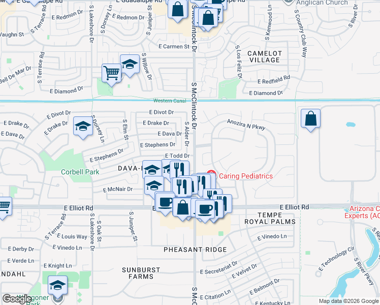 map of restaurants, bars, coffee shops, grocery stores, and more near 1757 East Todd Drive in Tempe