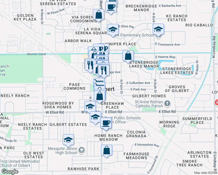 map of restaurants, bars, coffee shops, grocery stores, and more near in Gilbert