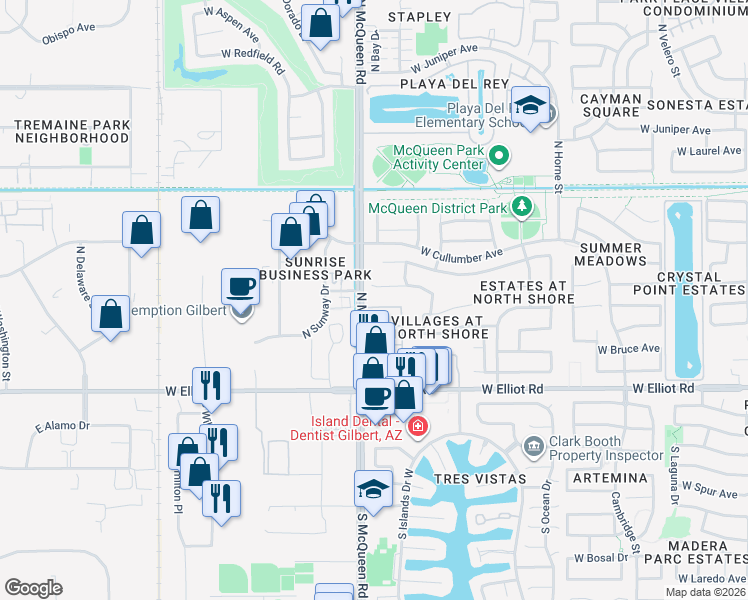 map of restaurants, bars, coffee shops, grocery stores, and more near 1563 West Windhaven Avenue in Gilbert