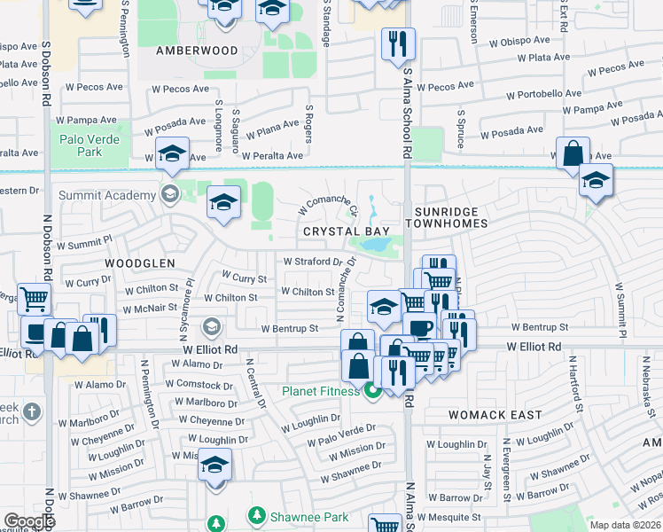 map of restaurants, bars, coffee shops, grocery stores, and more near 3206 North Comanche Drive in Chandler