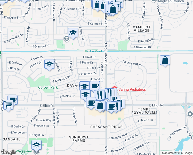 map of restaurants, bars, coffee shops, grocery stores, and more near 1701 East Todd Drive in Tempe