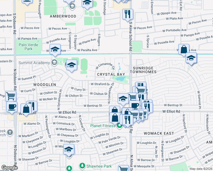 map of restaurants, bars, coffee shops, grocery stores, and more near 1229 West Straford Drive in Chandler