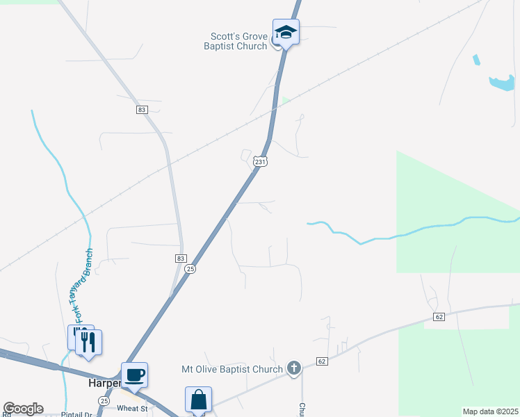 map of restaurants, bars, coffee shops, grocery stores, and more near 58 Lamplight Circle in Harpersville